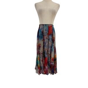 Vtg‎ 90s Y2K Elana Kattan Skirt Rainbow Tie Dye Floral Midi Mesh Pleated Sz S